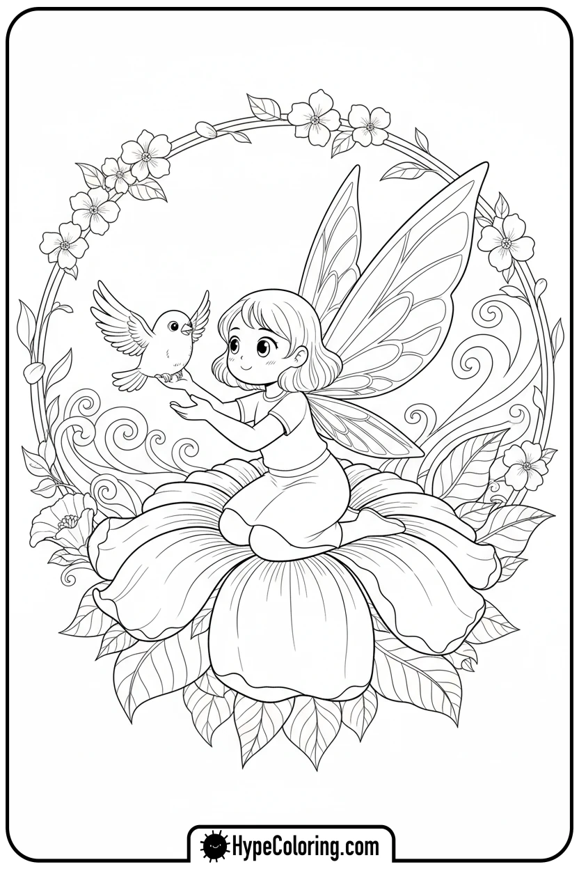 Click to download PDF anime-fairy-helping-bird-fly - cute anime coloring pages
