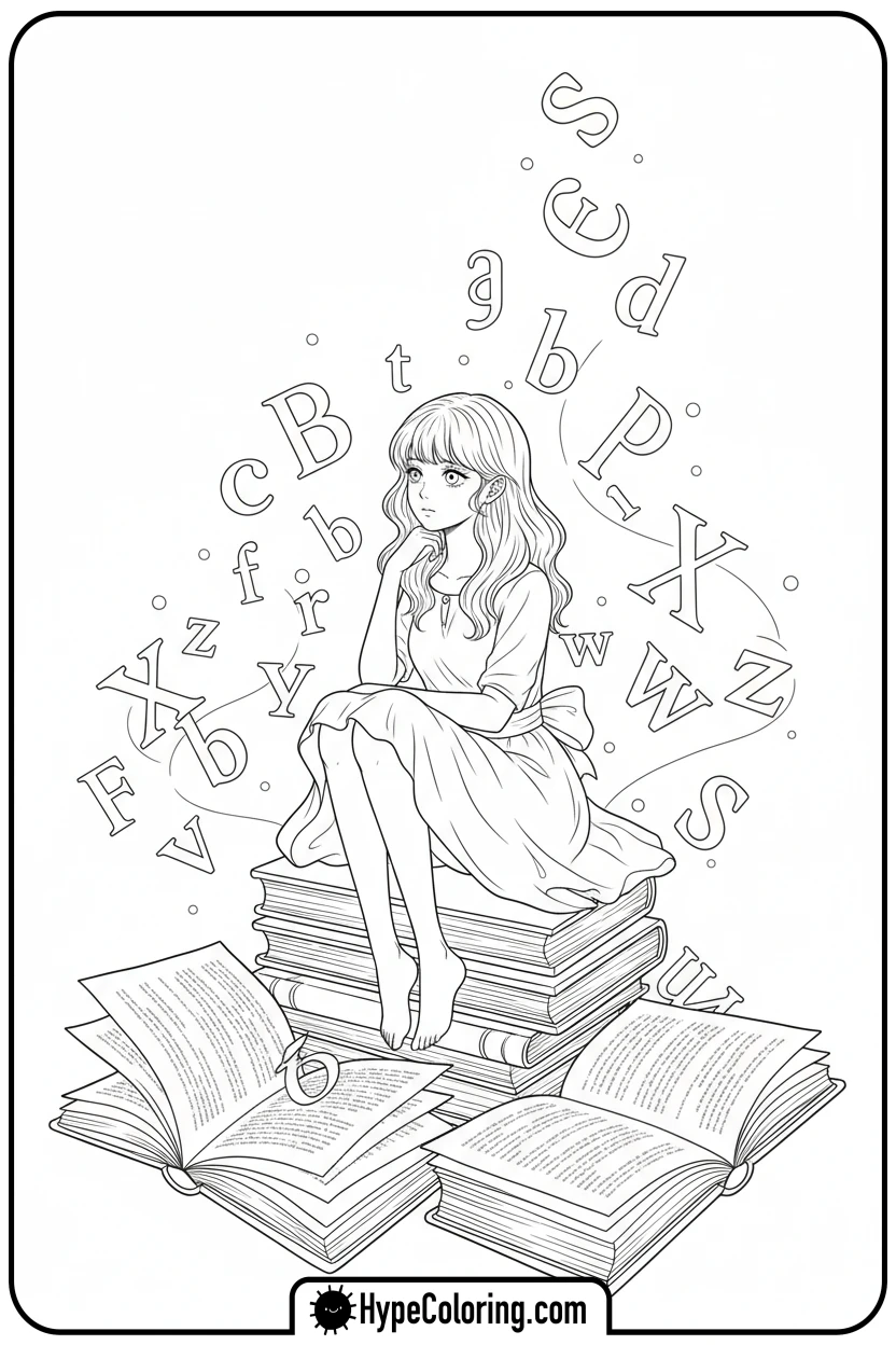 Click to download PDF anime-girl-reading-on-books - cute anime coloring pages