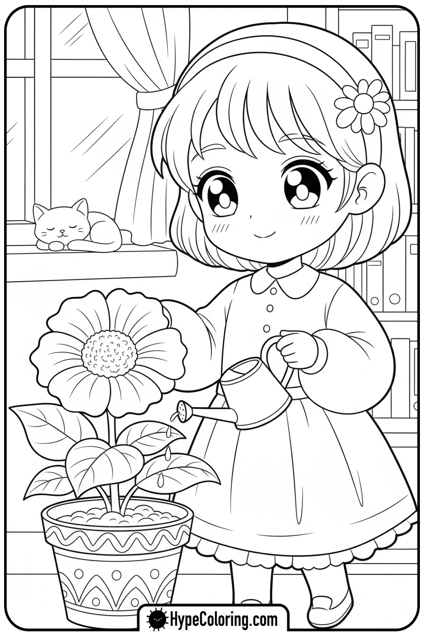 Click to download PDF anime-character-watering-plant - cute anime coloring pages