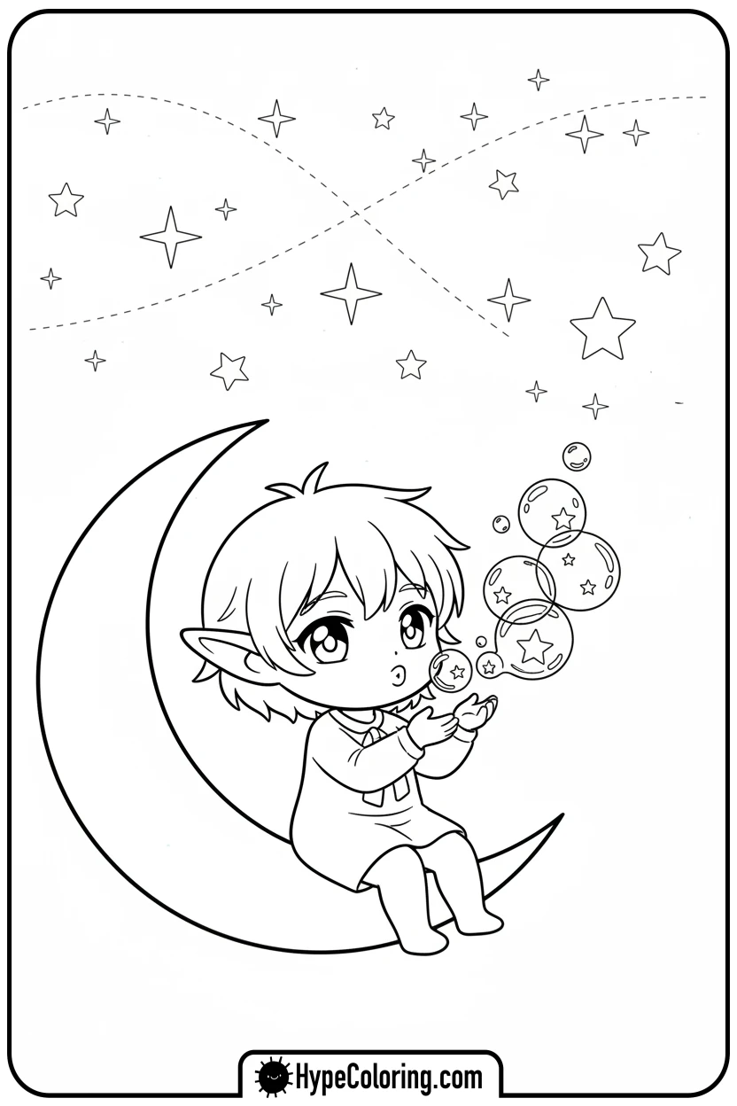Click to download PDF anime-character-on-moon-blowing-bubbles - cute anime coloring pages