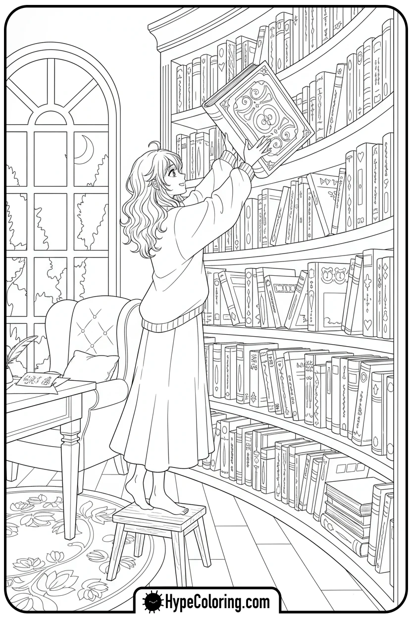 anime-character-in-library - anime color pages