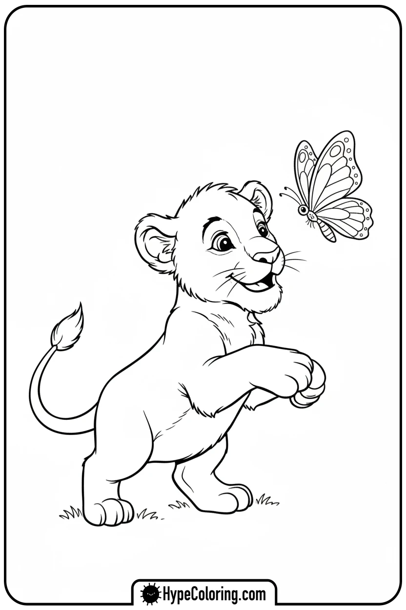 playful-lion-cub-and-butterfly - coloring pages of savanna animals free printable