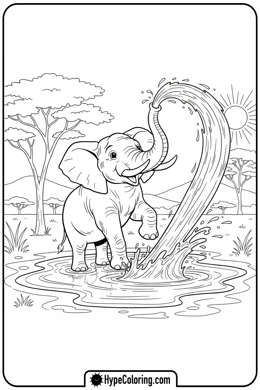 elephant-spraying-water - coloring pages of savanna animals free printable
