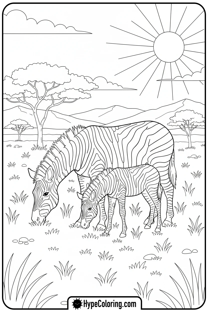 zebra-family-grazing - coloring pages of savanna animals free printable