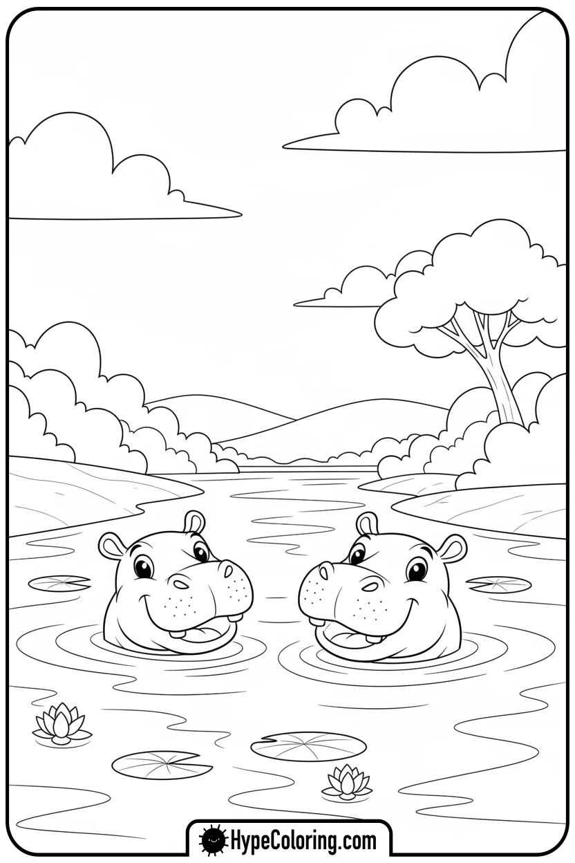 hippos-in-river - coloring pages of savanna animals free printable