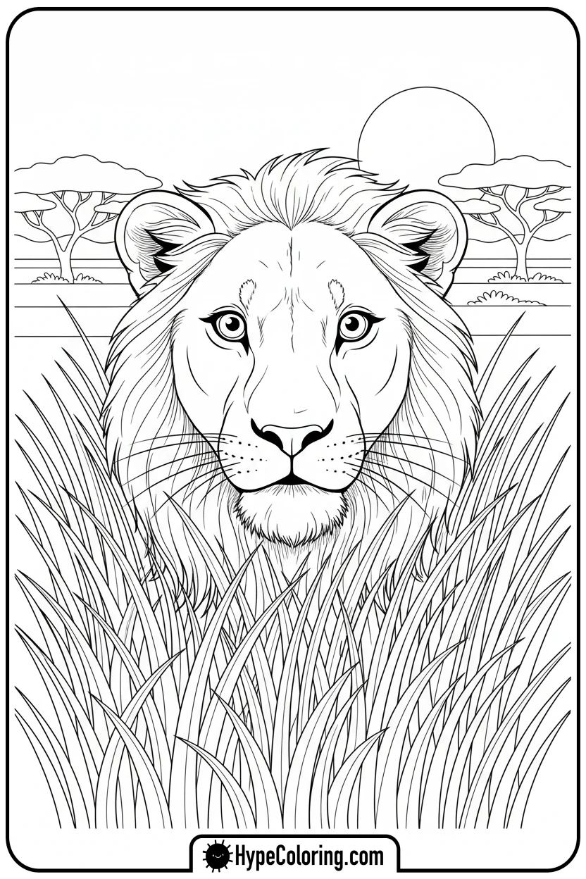 lioness-peering-from-grass - coloring pages of savanna animals free printable