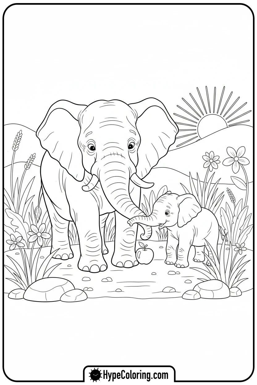 elephant-teaching-calf - coloring pages of savanna animals free printable