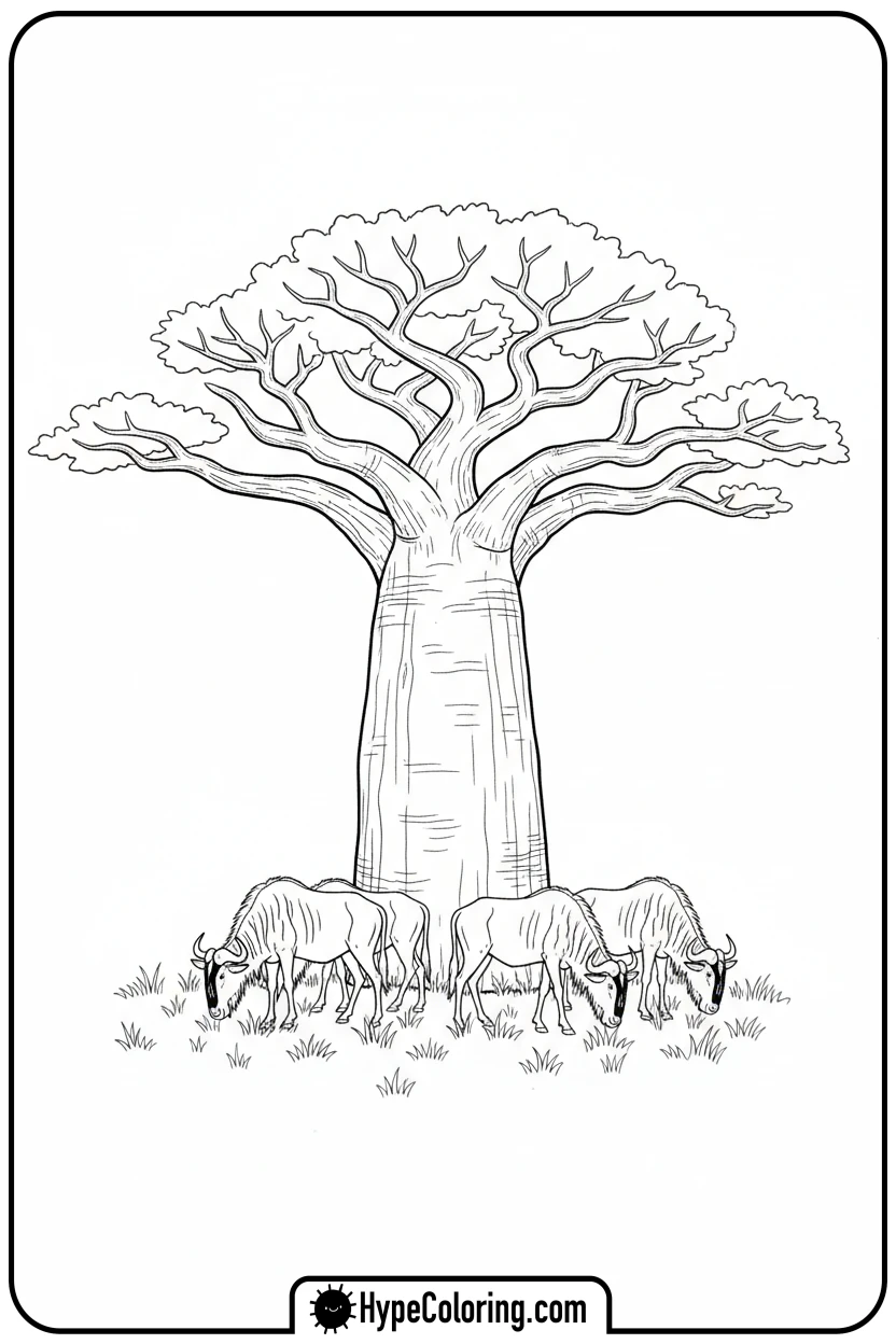 wildebeest-under-baobab - coloring pages of savanna animals free printable