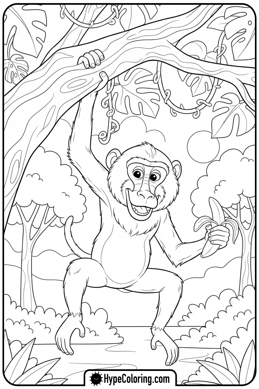 baboon-swinging-with-banana - coloring pages of savanna animals free printable