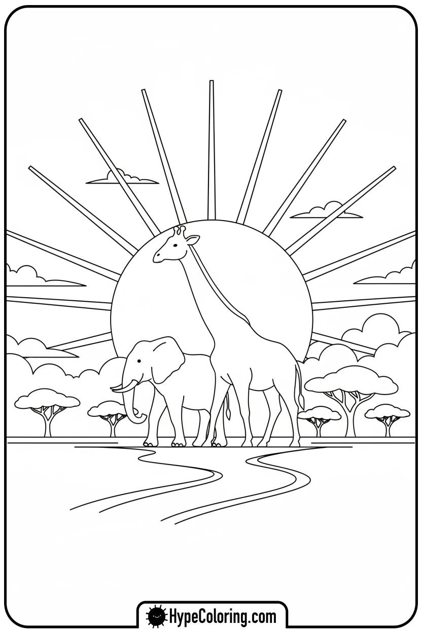 savanna-sunset-with-animals - coloring pages of savanna animals free printable