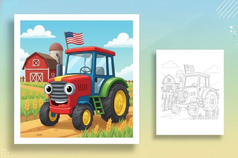 a-happy-cartoon-tractor-with - flag usa coloring page