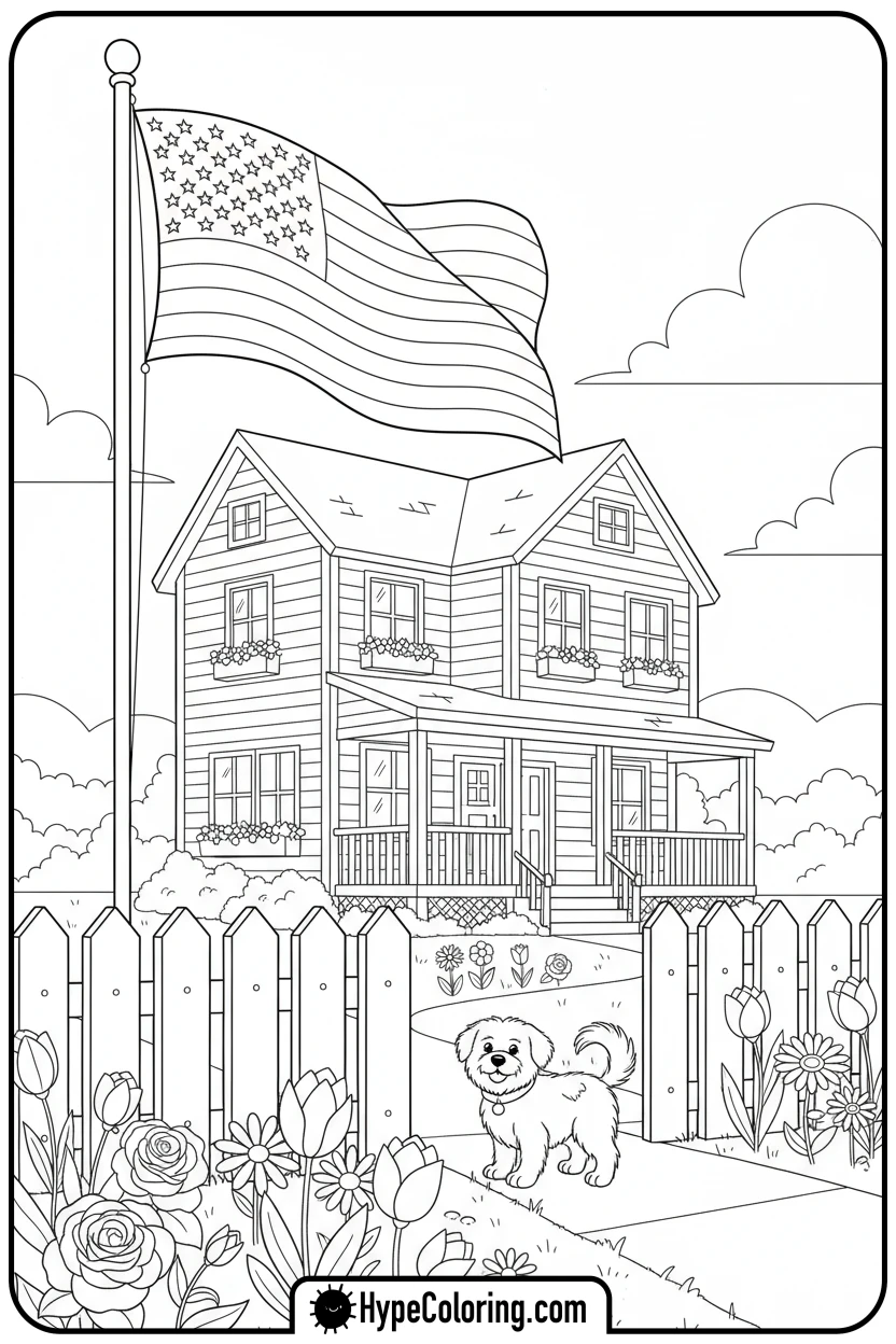 flag-on-a-house-with-dog - flag usa coloring page