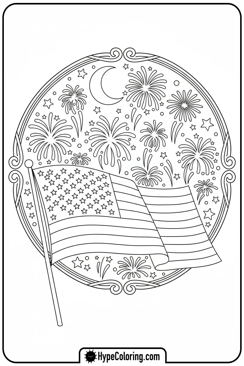 flag-with-fireworks - flag usa coloring page