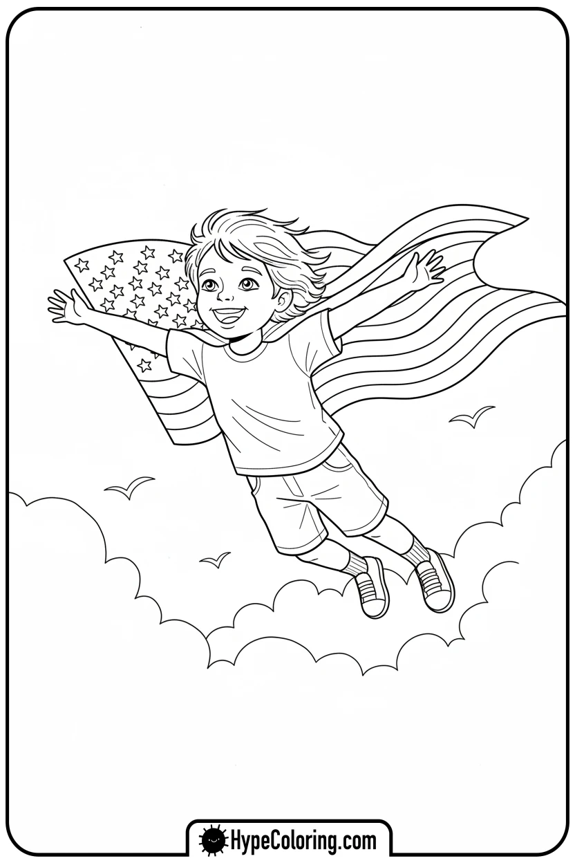 child-with-flag-cape - flag usa coloring page