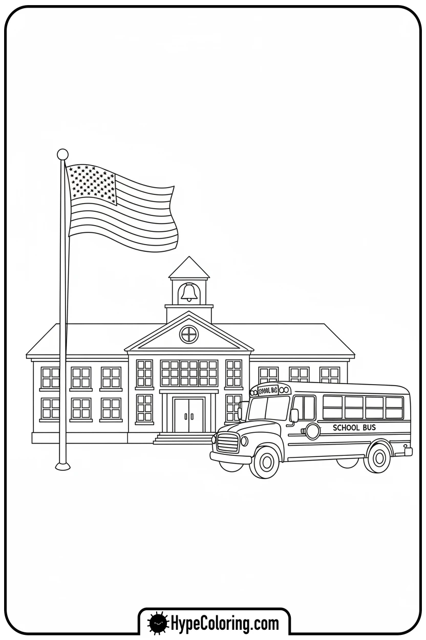 flag-at-school-with-bus - flag usa coloring page