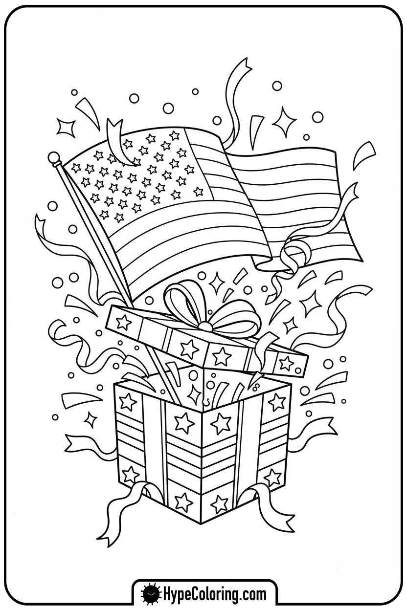 flag-from-gift-box - flag usa coloring page