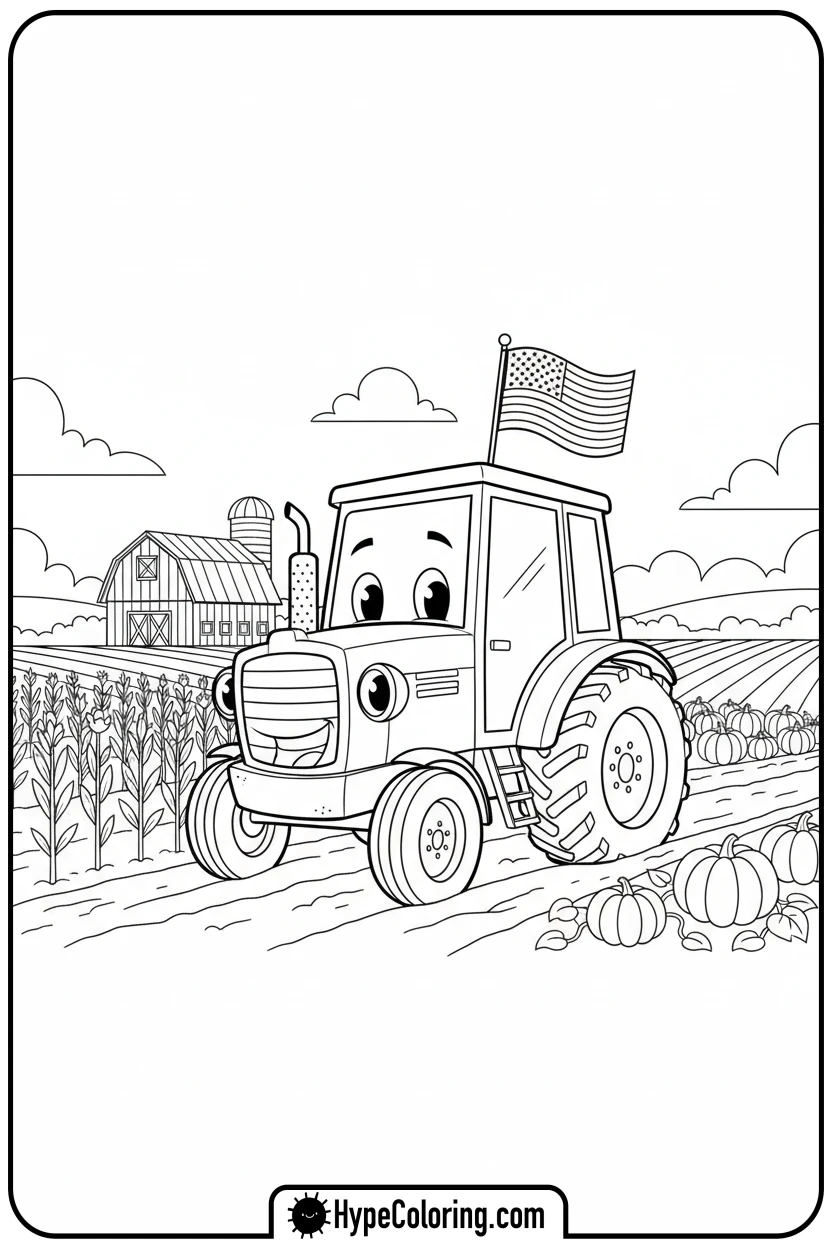tractor-with-us-flag - flag usa coloring page