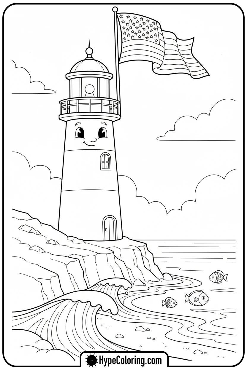flag-by-lighthouse - flag usa coloring page