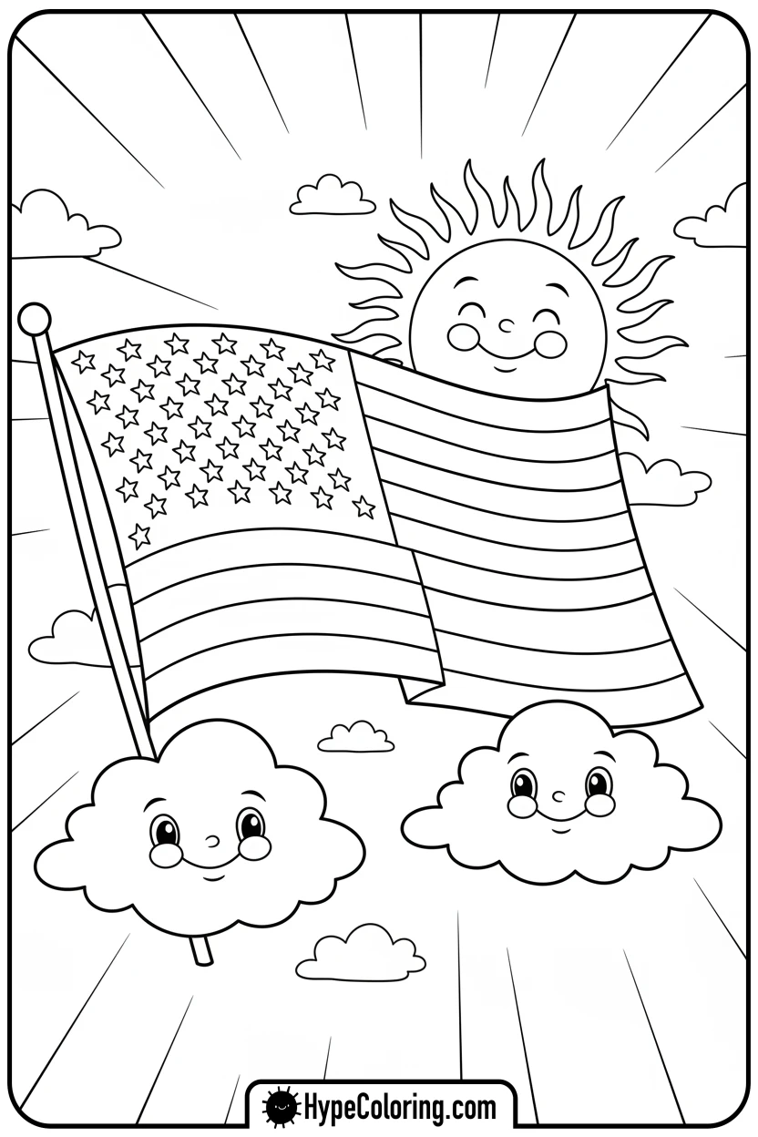 flag-with-smiling-clouds - flag usa coloring page