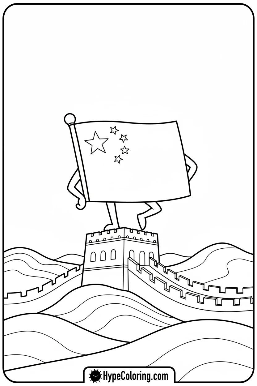 chinese-flag-on-great-wall - chinese flag coloring page