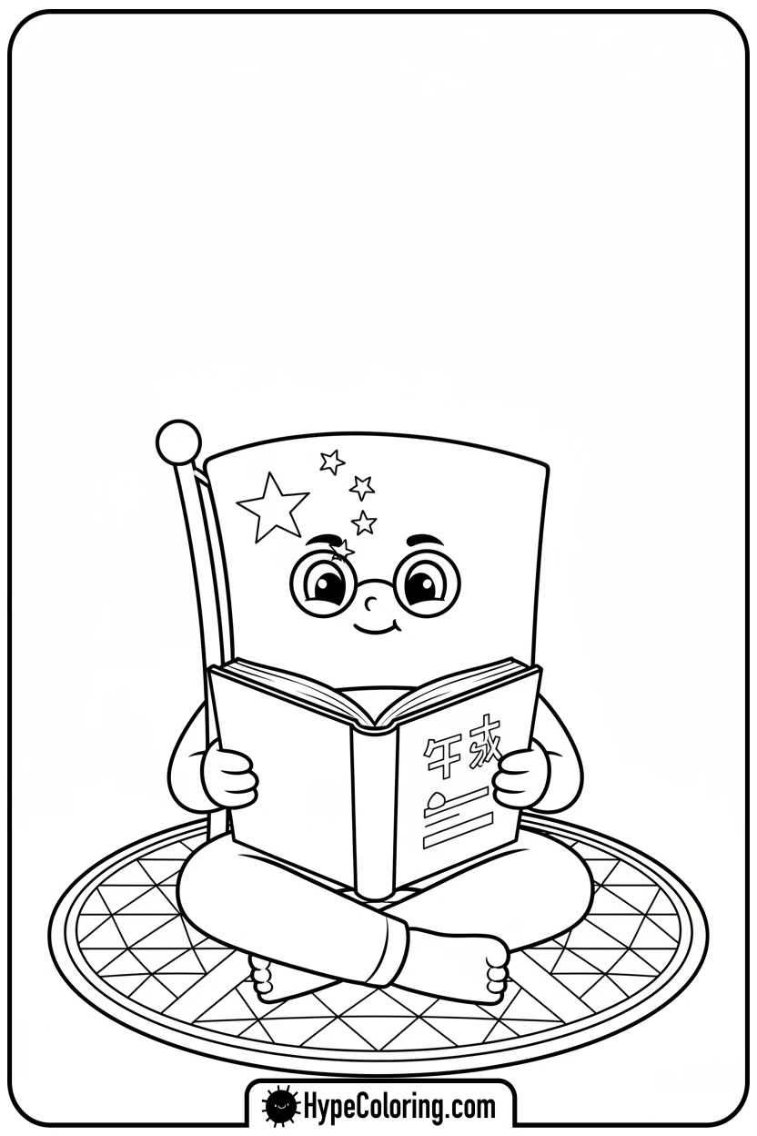 chinese-flag-reading-a-book - chinese flag coloring page