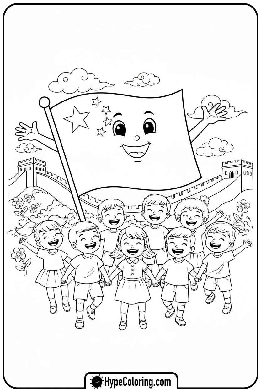 chinese-flag-hugging-children - chinese flag coloring page