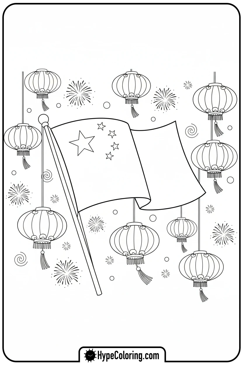 chinese-flag-at-lantern-festival - chinese flag coloring page