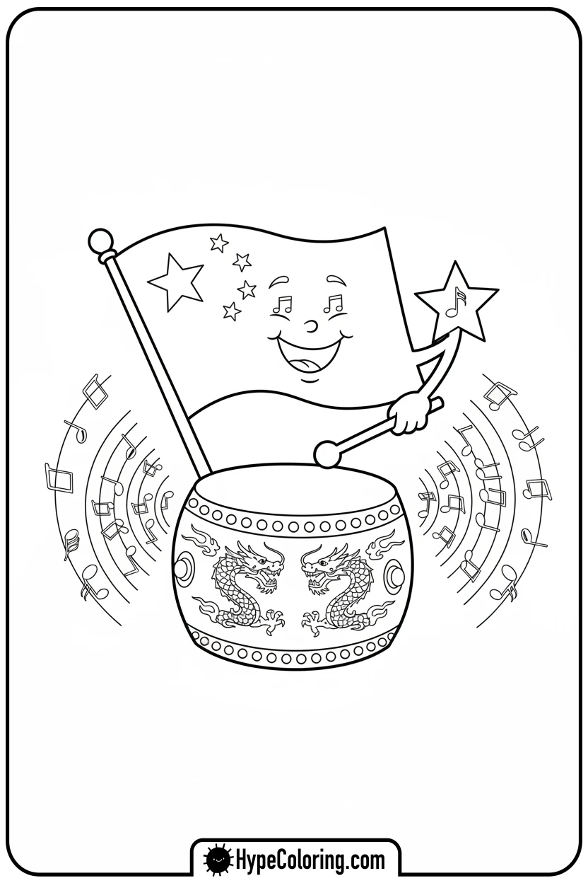 chinese-flag-playing-drum - chinese flag coloring page