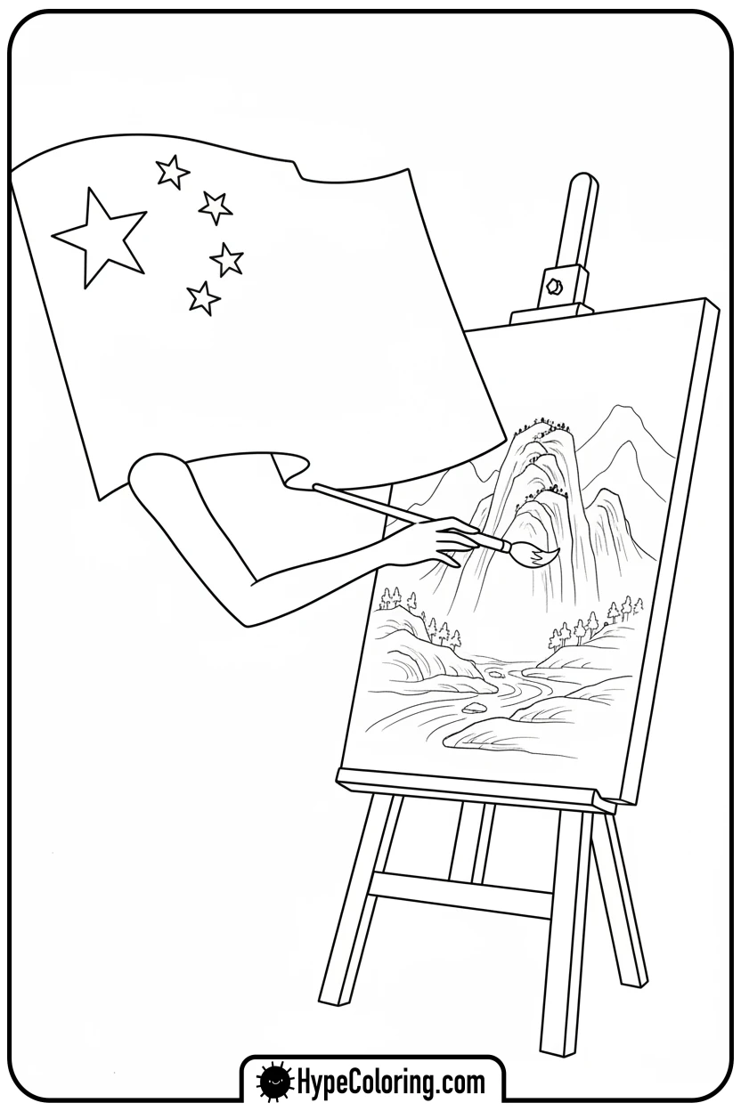 chinese-flag-painting-landscape - chinese flag coloring page