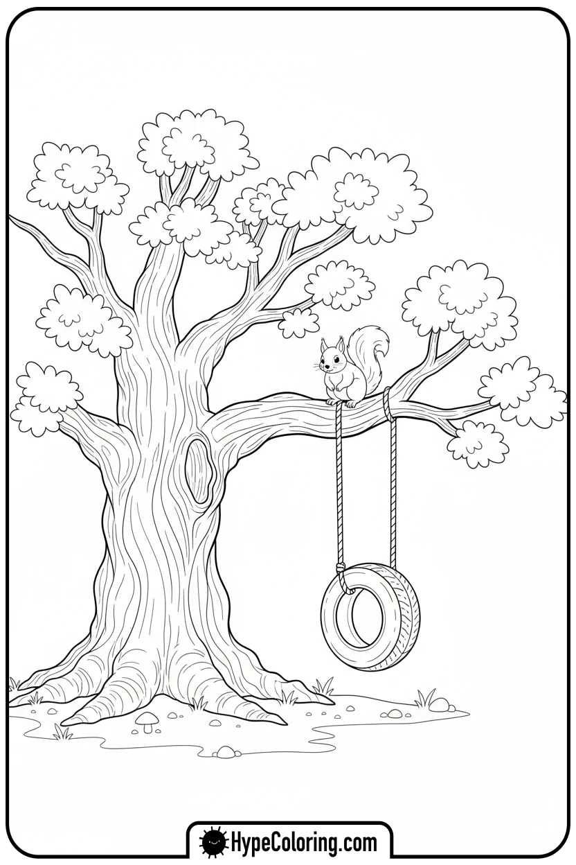 Click to download PDF ancient-oak-tree-with-tire-swing - coloring book pages trees