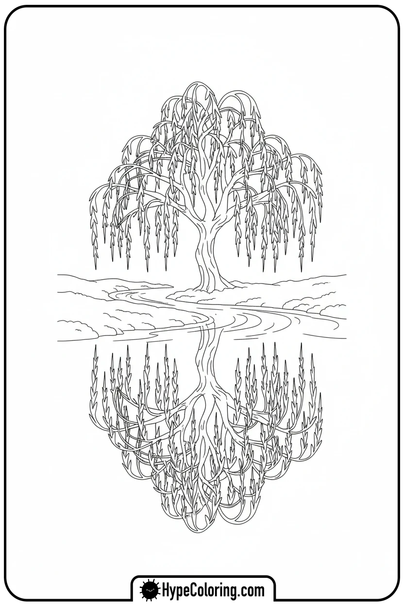 Click to download PDF willow-tree-by-a-stream - coloring book pages trees
