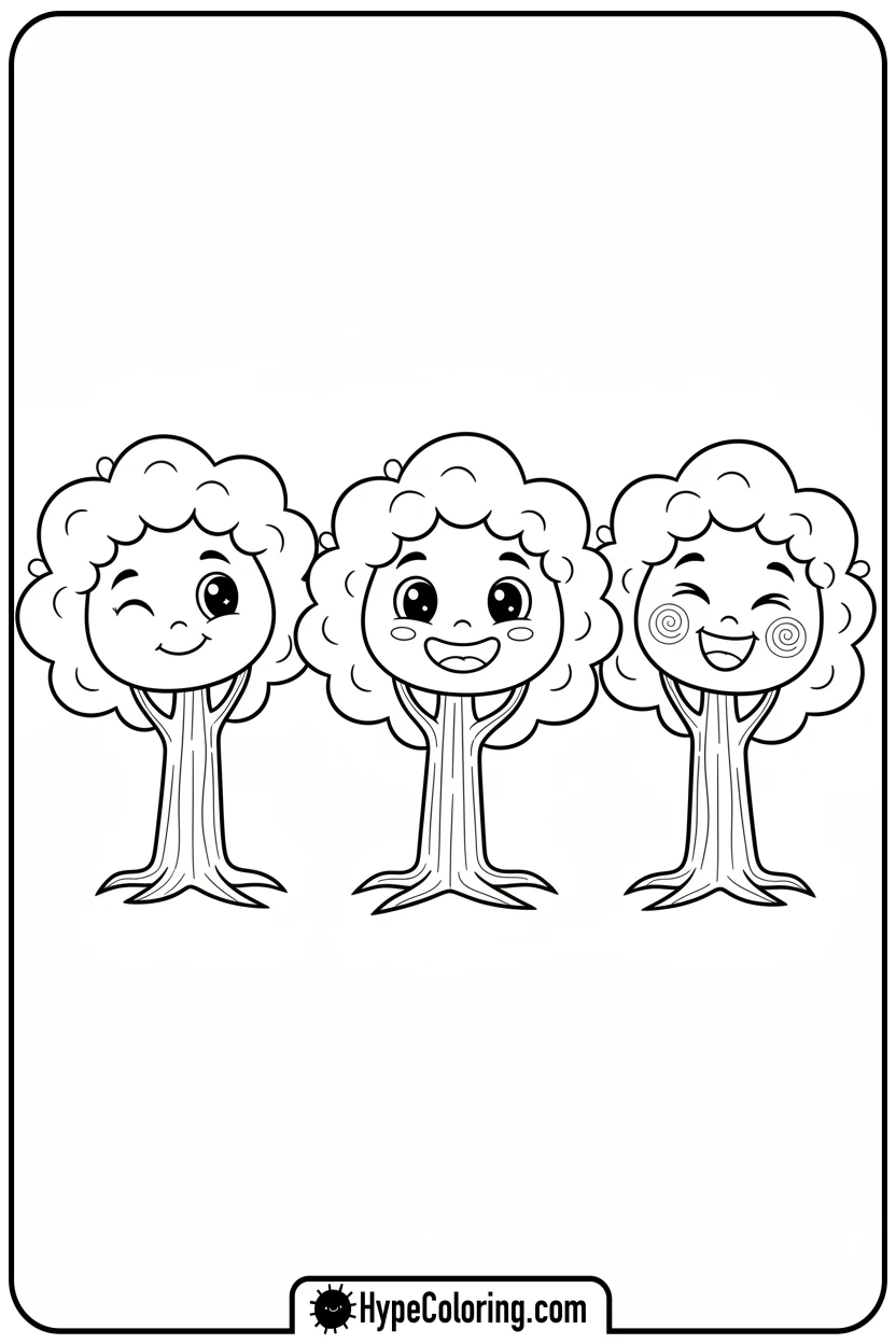 Click to download PDF three-happy-cartoon-trees - coloring book pages trees