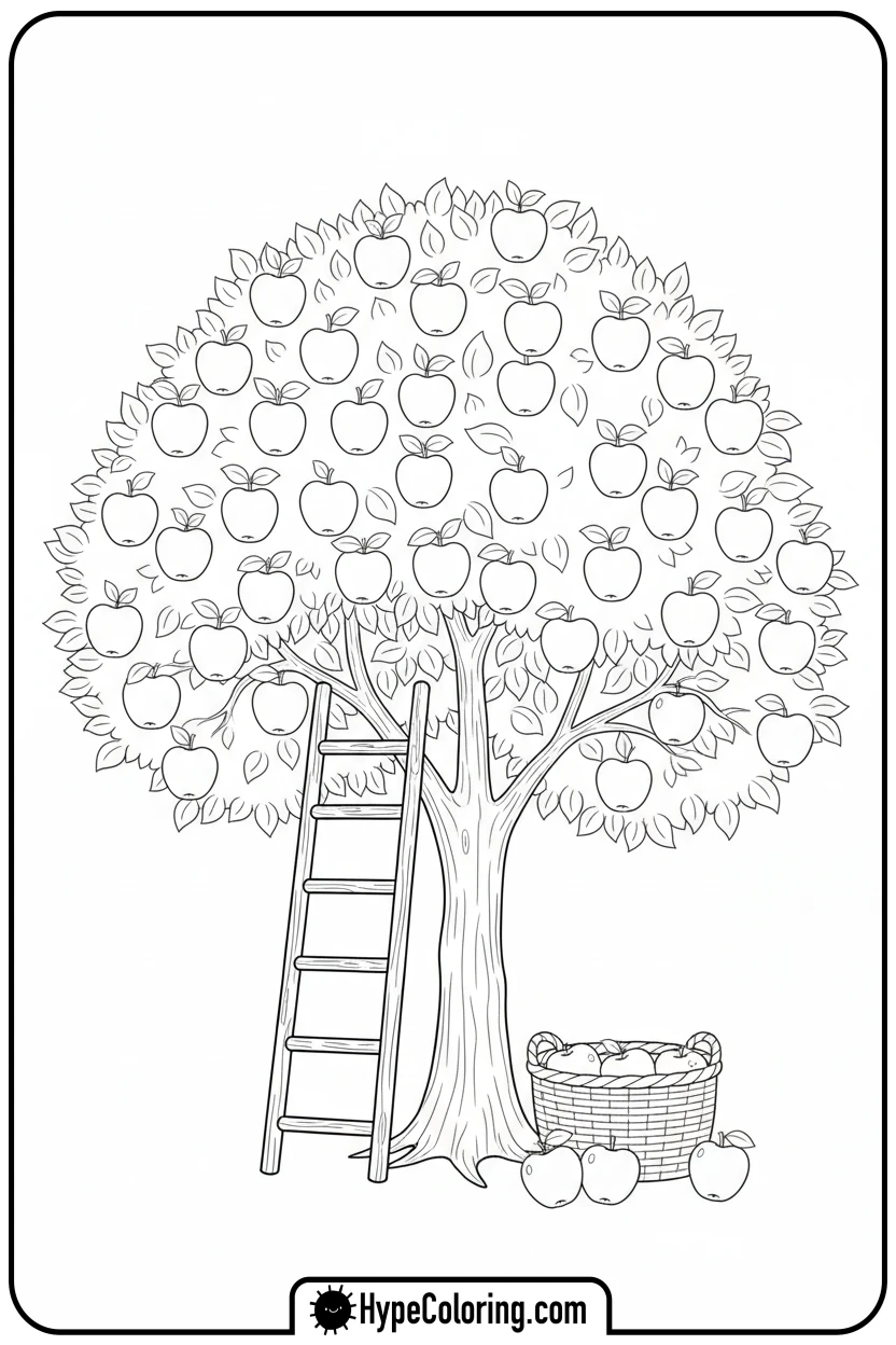 Click to download PDF apple-tree-with-ladder-and-basket - coloring book pages trees
