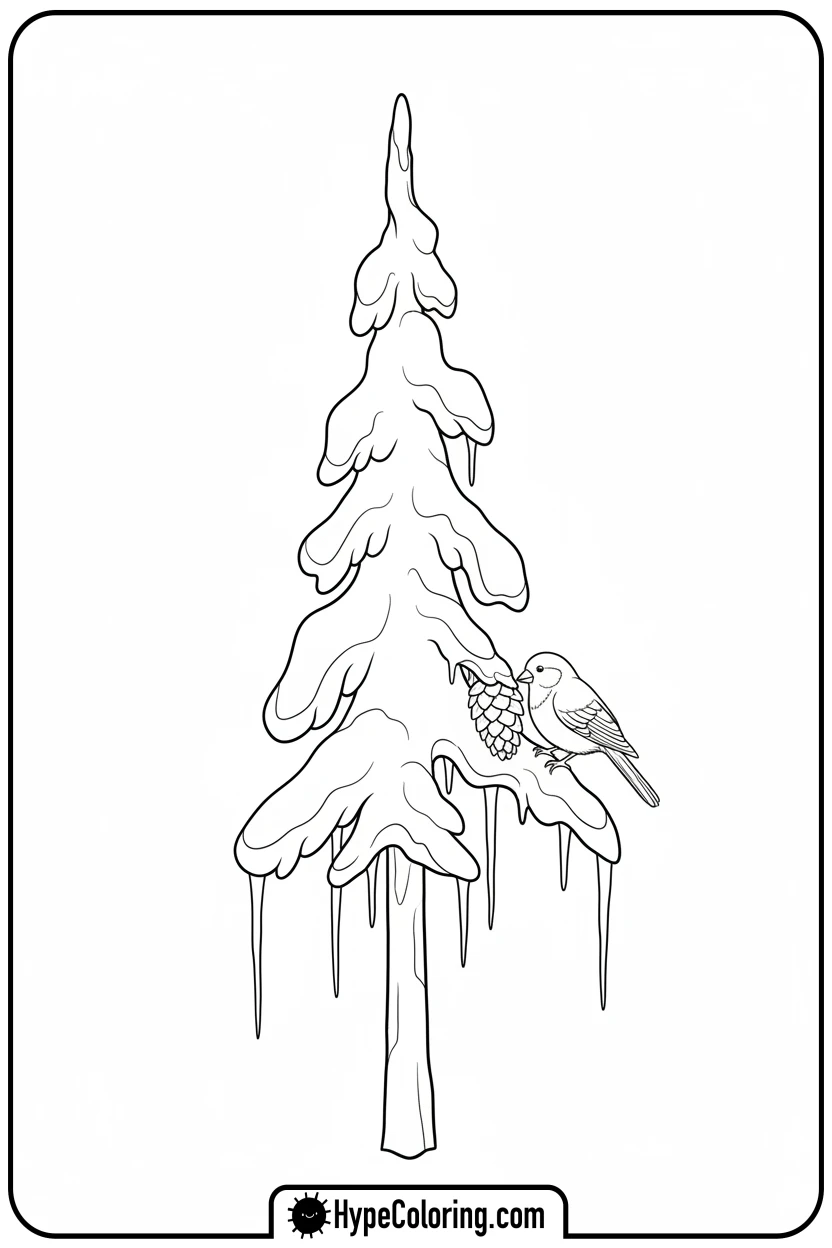 Click to download PDF snowy-pine-tree-with-icicles - coloring book pages trees