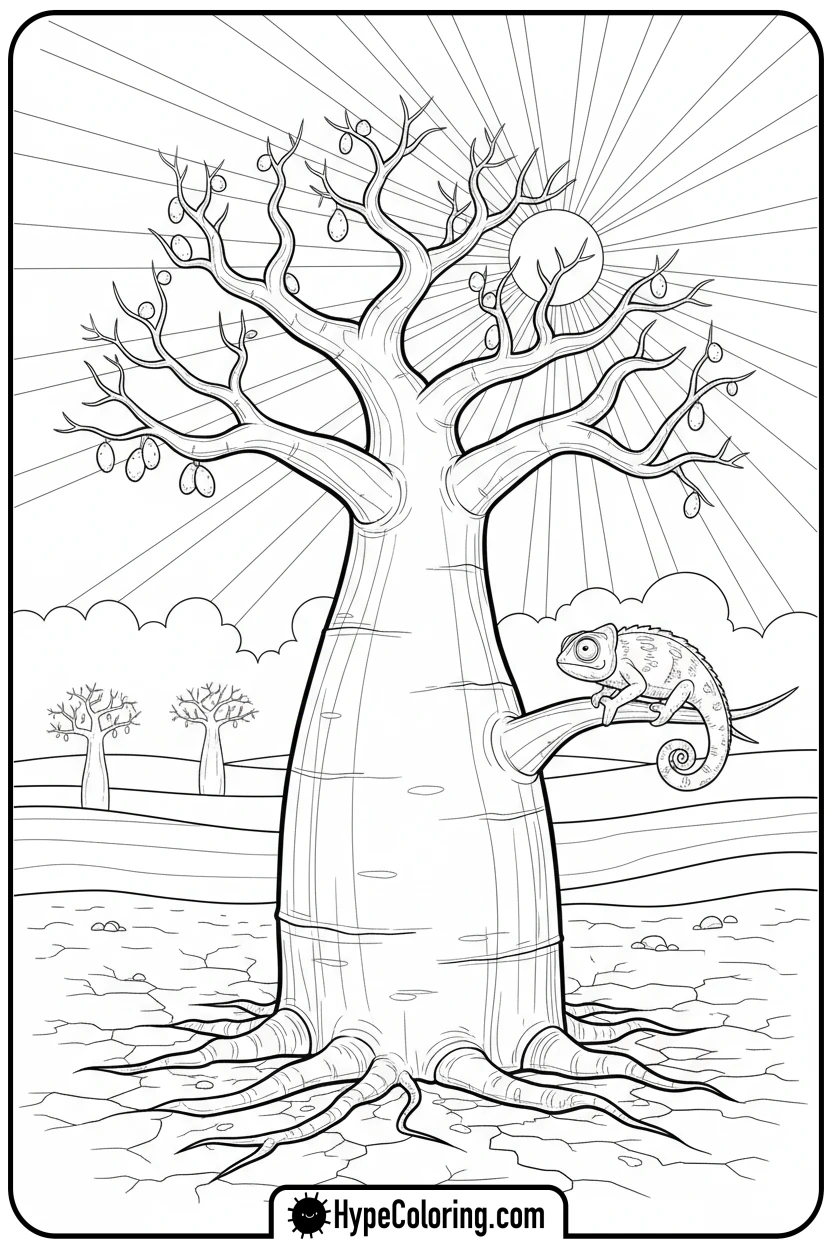 Click to download PDF baobab-tree-in-dry-landscape - coloring book pages trees
