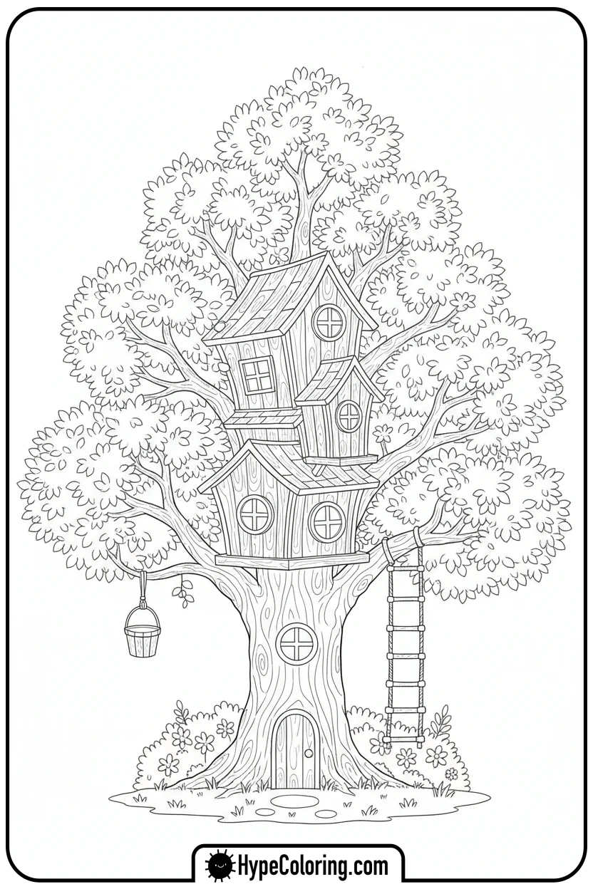 Click to download PDF tree-with-a-detailed-treehouse - coloring book pages trees