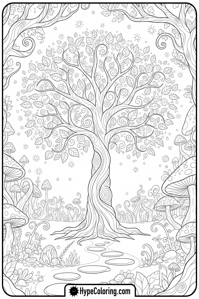 Click to download PDF magical-glowing-tree-with-fireflies - coloring book pages trees