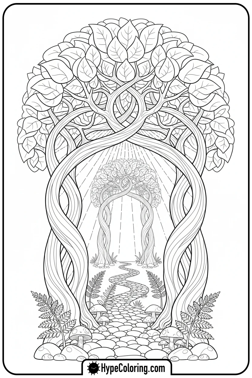 Click to download PDF tree-archway-over-forest-path - coloring book pages trees