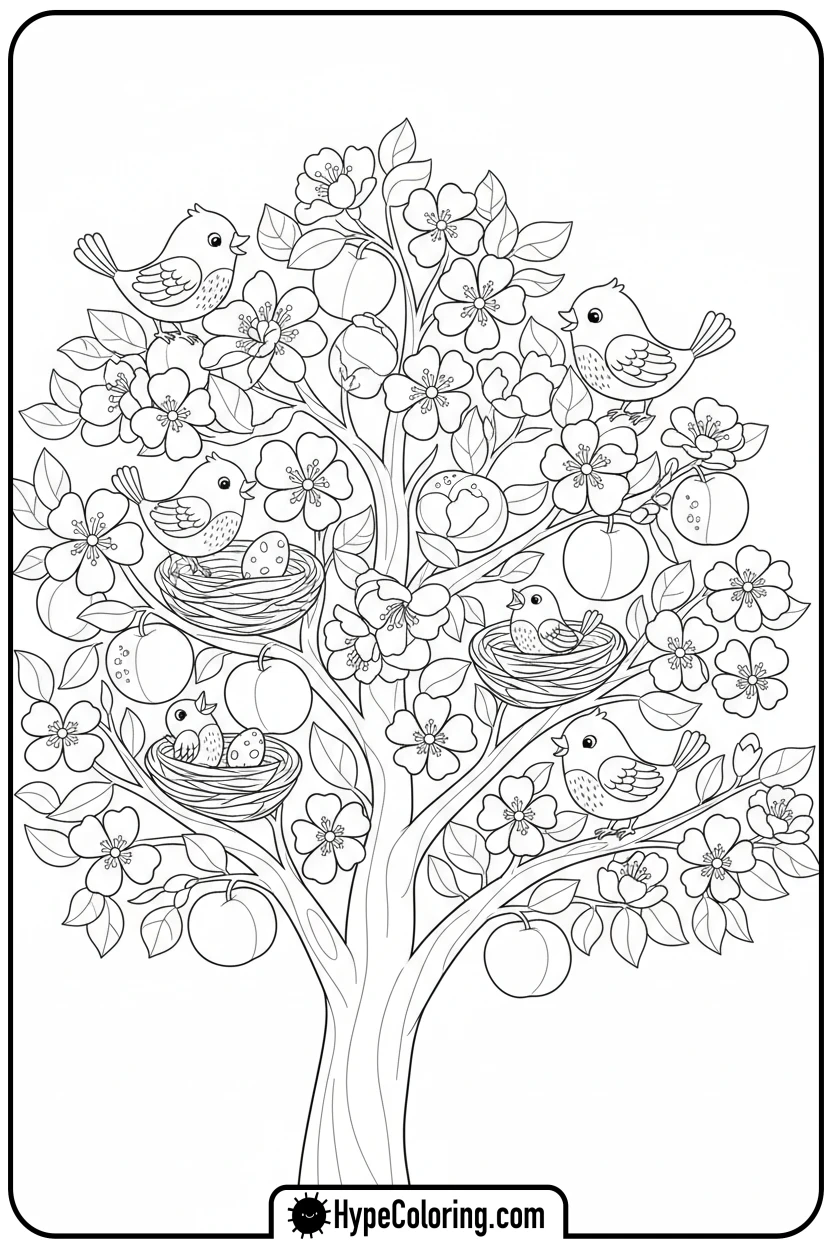 Click to download PDF fruit-tree-with-bird-nests - coloring book pages trees