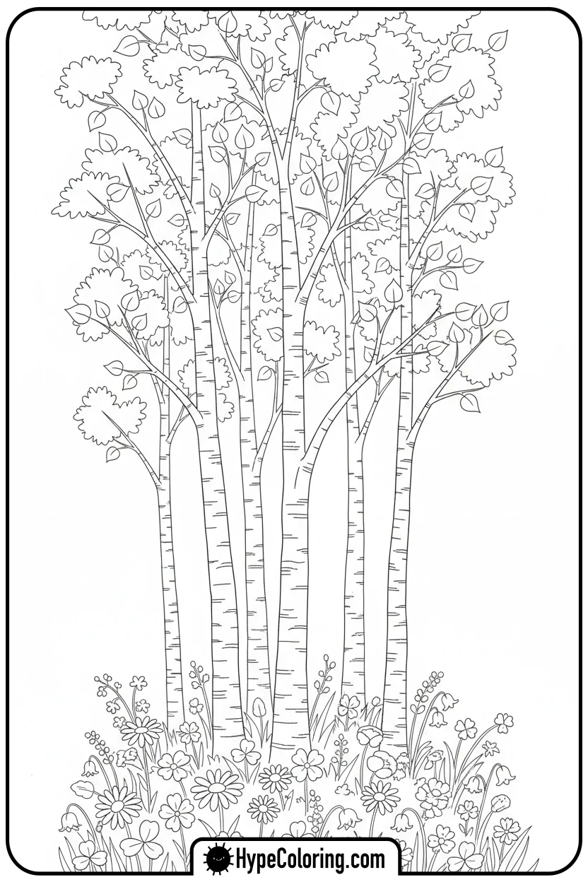 Click to download PDF birch-trees-in-a-clearing - coloring book pages trees