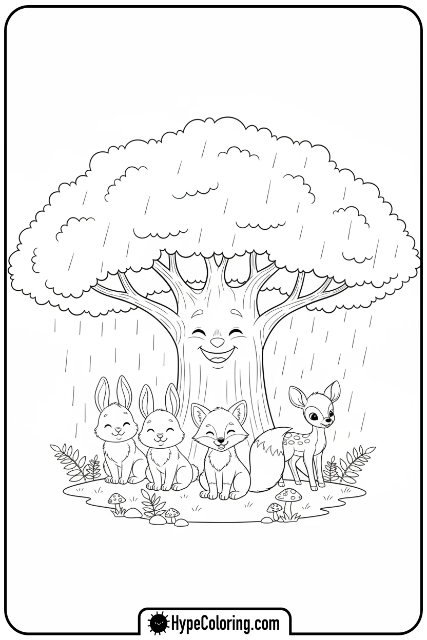 Click to download PDF tree-sheltering-forest-animals - coloring book pages trees
