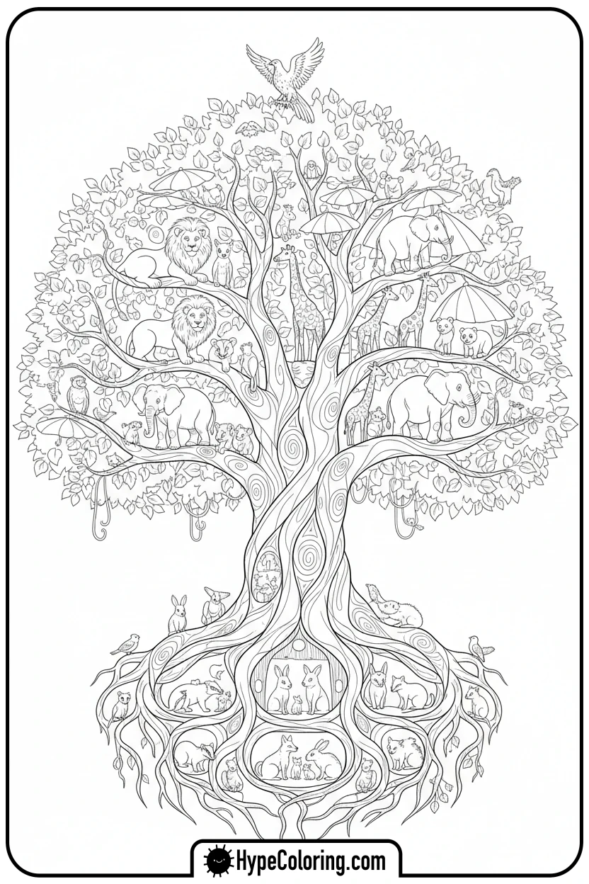 Click to download PDF tree-of-life-with-animals - coloring book pages trees