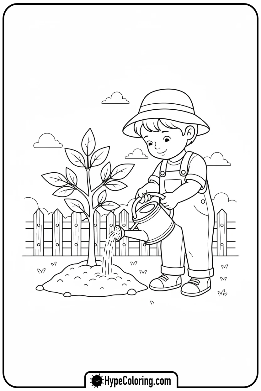 Click to download PDF child-watering-a-sapling - coloring book pages trees