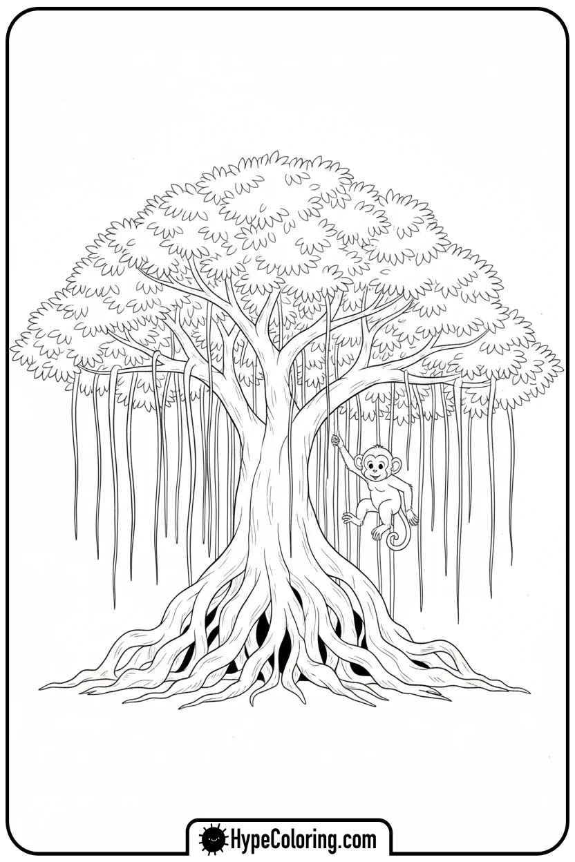 Click to download PDF weeping-fig-tree-with-monkey - coloring book pages trees