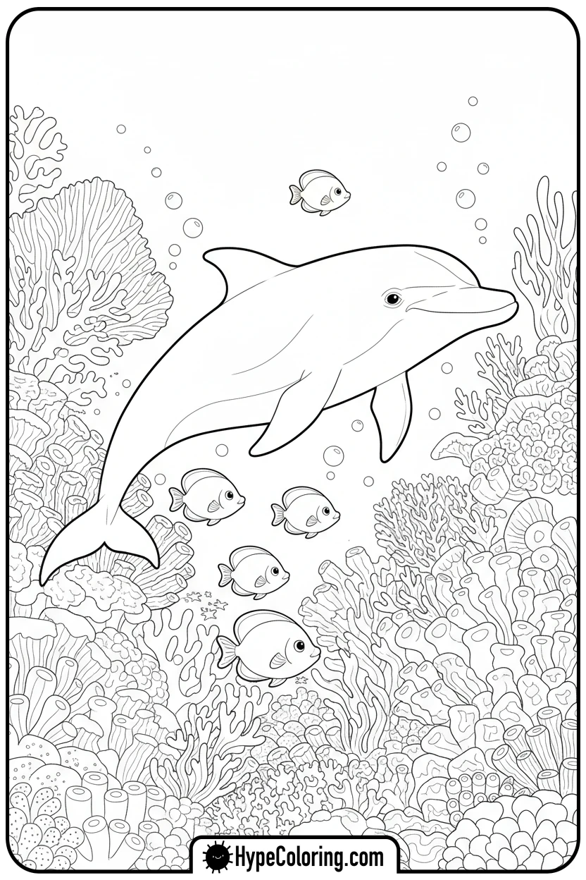 dolphin-swimming-near-coral - dolphin coloring book pages