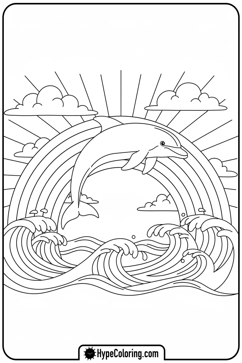 dolphin-leaping-through-rainbow - dolphin coloring book pages