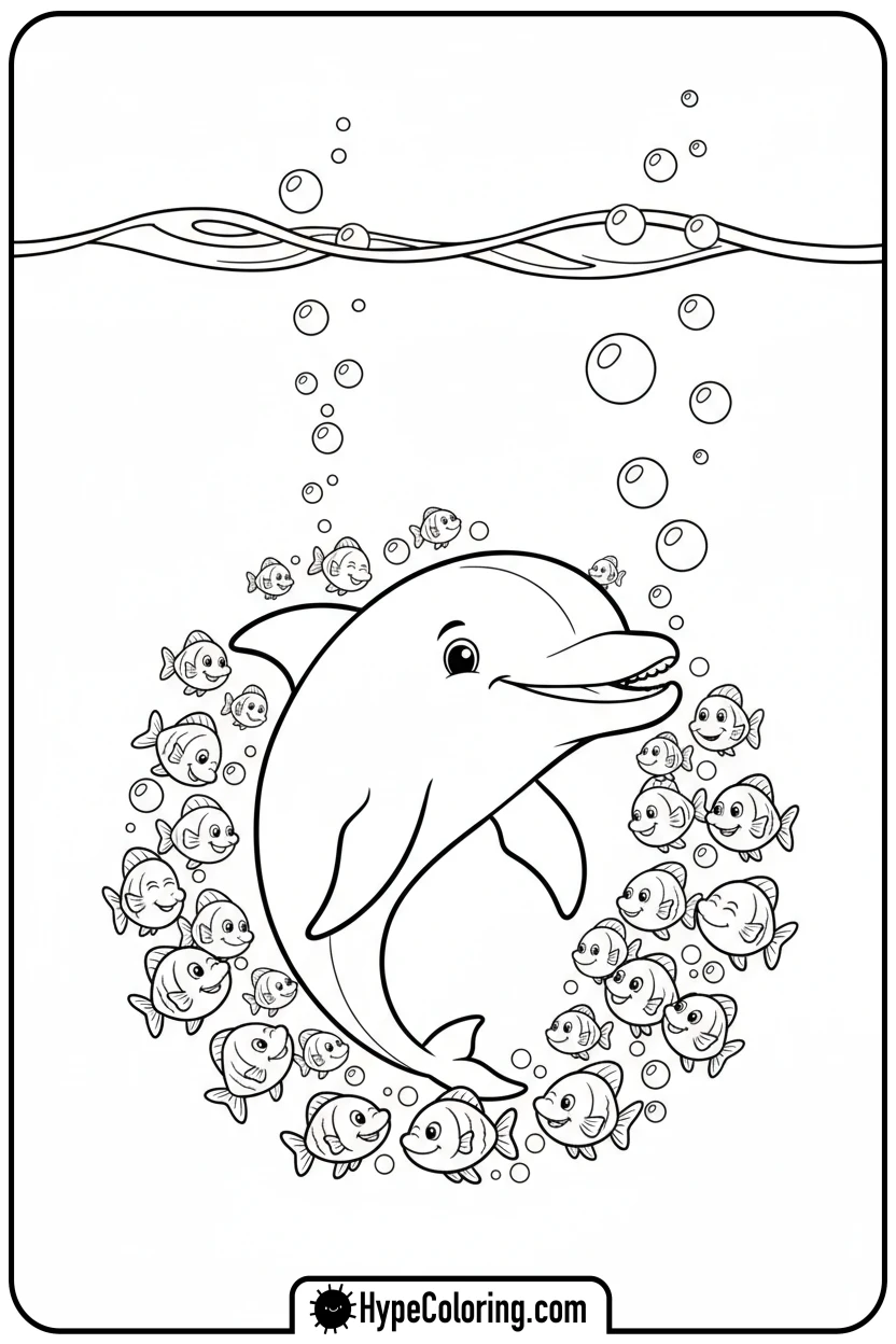 dolphin-with-fish-and-bubbles - dolphin coloring book pages