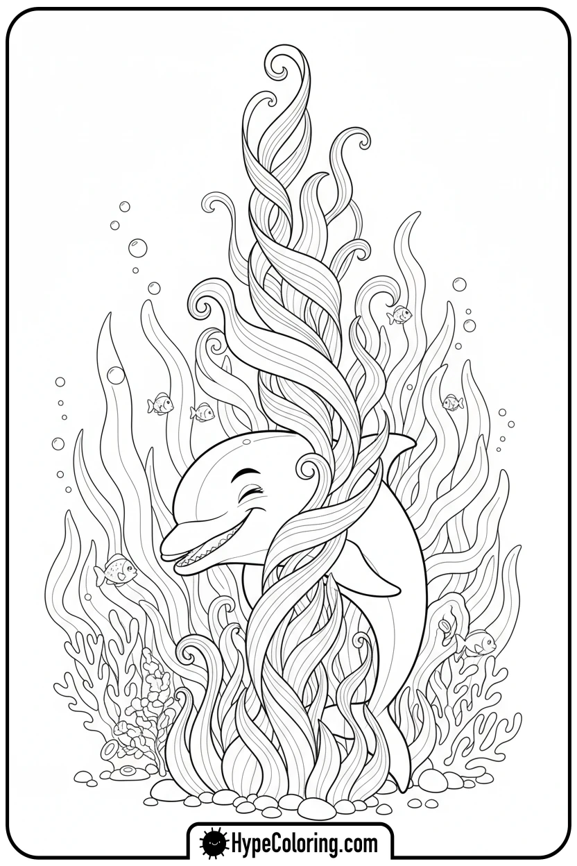 dolphin-hiding-in-kelp - dolphin coloring book pages