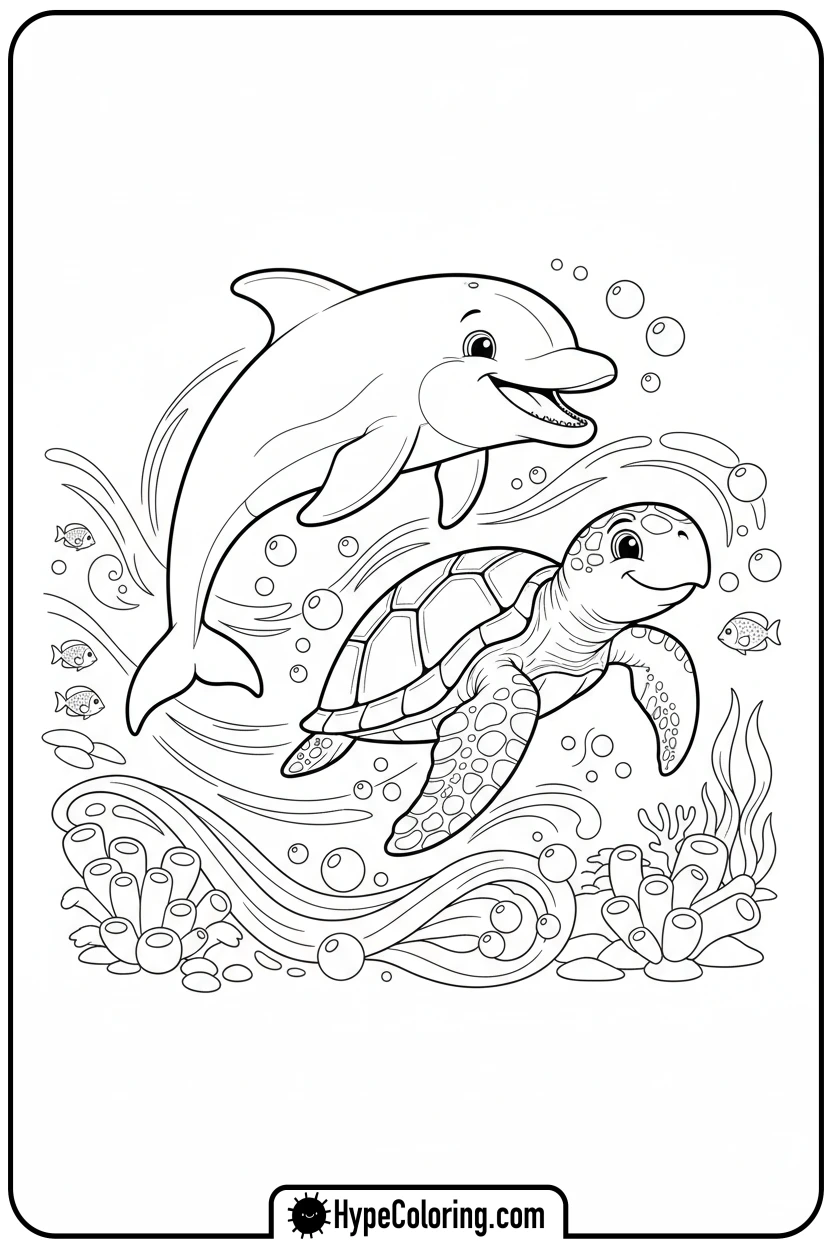 dolphin-racing-sea-turtle - dolphin coloring book pages