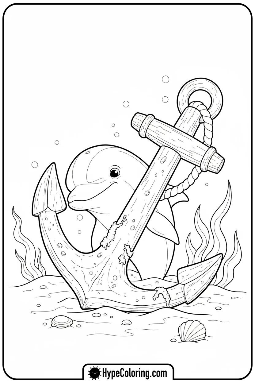 dolphin-behind-ship-anchor - dolphin coloring book pages